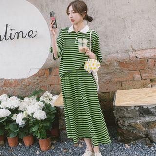 Set: Elbow-sleeve Collar Striped T-shirt + Midi A-line Skirt
