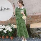 Set: Elbow-sleeve Collar Striped T-shirt + Midi A-line Skirt