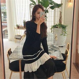 Contrast-trim Ruffle-hem Midi Dress Black - One Size