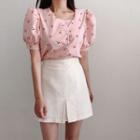 Floral Print Puff-sleeve Buttoned Top + Mini A-line Skirt
