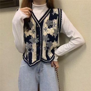 Floral Print Pointelle Knit Vest