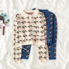Long-sleeve Print Collared Knit Top