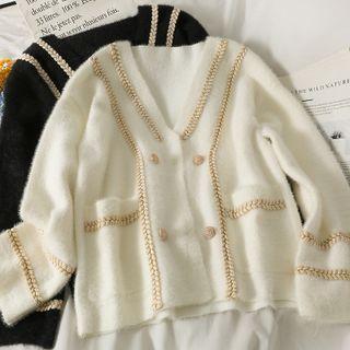 Glitter-trim Double-breasted Loose Cardigan