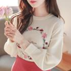 Flower-embroidered Balloon-sleeve Knit Top Ivory- One Size