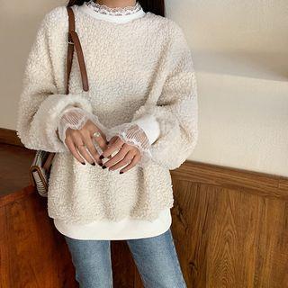 Mock Two-piece Lace Trim Furry Pullover