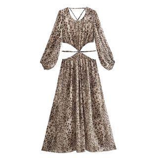 Long-sleeve Leopard Print Cutout Midi A-line Dress