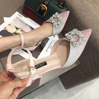 Faux Leather Rhinestone Pointed Kitten Heel Pumps