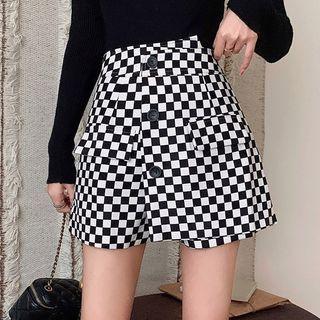High-waist Asymmetrical Chessboard Shorts