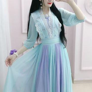 Lace Trim 3/4-sleeve Two-tone Panel Maxi A-line Dress