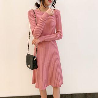 Long-sleeve Midi A-line Rib-knit Dress
