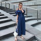 Elbow-sleeve Cold Shoulder Ruffled Wide-leg Jumpsuit