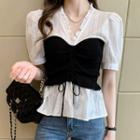 Short-sleeve Frill Trim Drawstring Peplum Top