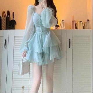 Balloon-sleeve Layered Chiffon Mini A-line Dress
