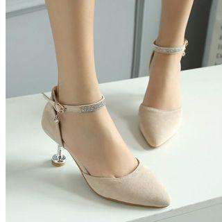 Rhinestone Ankle Strap Kitten Heel Pumps