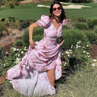 Puff Sleeve Floral Print V-neck Long Dress