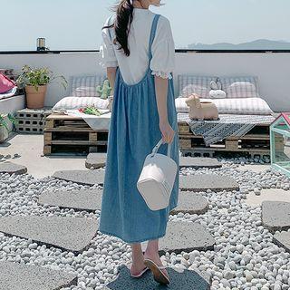 Flared Long Denim Pinafore Dress Blue - One Size