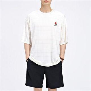 Elbow-sleeve Embroidered Striped T-shirt