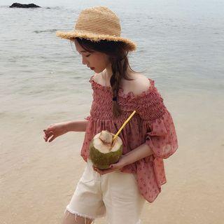 Floral Off-shoulder Elbow-sleeve Top