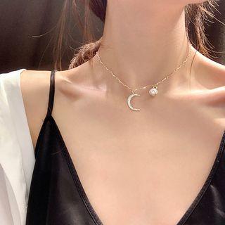 Rhinestone Crescent Beaded Choker Gold Plating - Gold - One Size