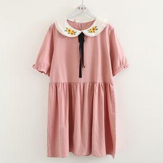 Flower Embroidered Short-sleeve Collared Dress