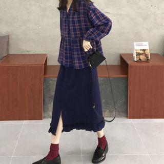 V-neck Plaid Blouse / Ruffle Hem Midi Straight-fit Skirt