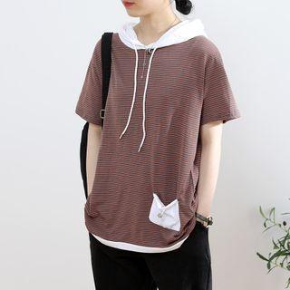 Contrast Trim Striped Hooded Short-sleeve T-shirt