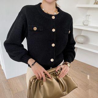 Metal-button Waffle-knit Cardigan