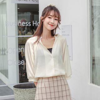 Elbow-sleeve V-neck Chiffon Blouse Almond - One Size