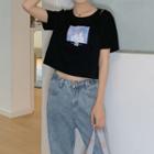 Short Sleeve Printed Slit T-shirt
