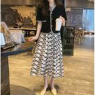 Short-sleeve Contrast Trim Blouse / Flower Print Midi A-line Skirt