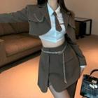 Crop Shirt / Blazer / Mini A-line Skirt / Necktie / Waist Chain / Set