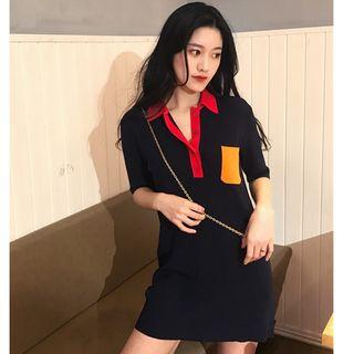 Elbow-sleeve Knit Polo Dress