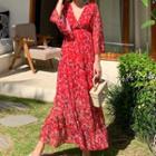 3/4-sleeve Floral Chiffon A-line Maxi Dress Red - One Size