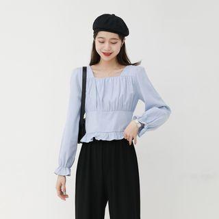 Square-neck Plain Ruffle Blouse