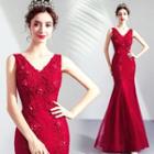 Sleeveless V-neck Embroidered Sheath Evening Gown