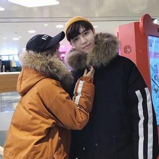 Couple Matching Furry-trim Hooded Contrast-trim Padded Long Coat