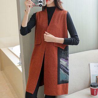 Printed Applique Long Knit Vest