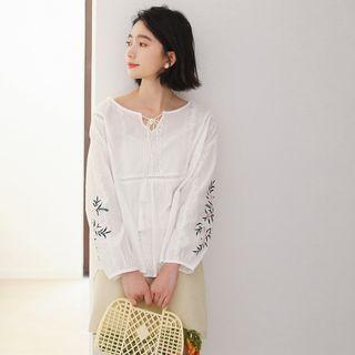 Tie-neckline Embroidered Blouse White - One Size