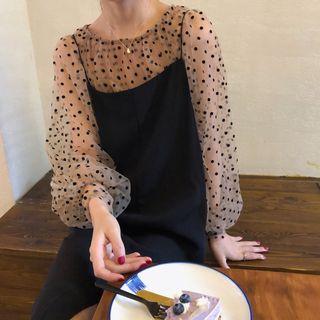 Long-sleeve Dotted Top / Camisole Top / Spaghetti Strap Midi Dress