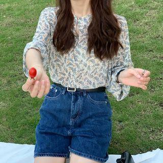 Floral Long-sleeve Chiffon Top As Shown In Figure - One Size