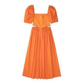 Puff-sleeve Square-neck Cutout Midi A-line Dress