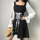 Two-tone Long-sleeve Lace-up Mini A-line Dress