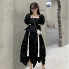 Contrast Trim Puff-sleeve Blouse / Irregular Hem Midi A-line Skirt