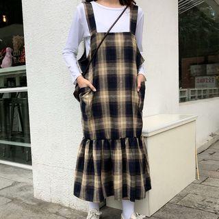 Set: Crew-neck Long-sleeve T-shirt + Plaid Midi Pinafore Dress
