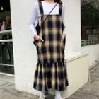 Set: Crew-neck Long-sleeve T-shirt + Plaid Midi Pinafore Dress