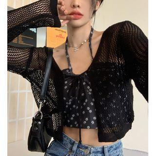 Plain Light Cardigan / Floral Print Halter Camisole Top