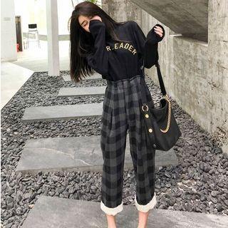 Lettering Long-sleeve T-shirt/ Cropped Plaid Straight-leg Pants