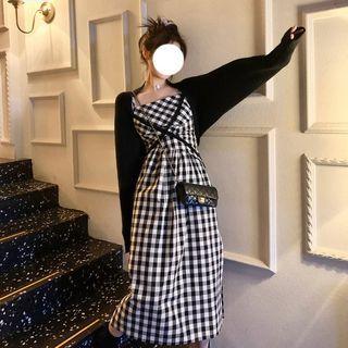 Spaghetti Strap Gingham Midi A-line Dress / Plain Shrug