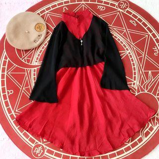 Mock Two Piece Color Panel Long Sleeve Dress
