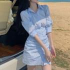 Puff-sleeve Striped Mini Shirt Dress